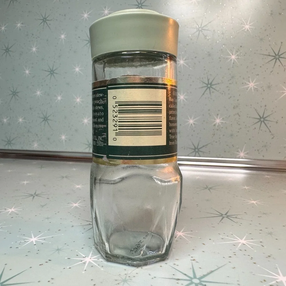 Vintage McCormick Turkish Bay Leaves Jar‎ Green Lid and Label Glass Spice Bottle